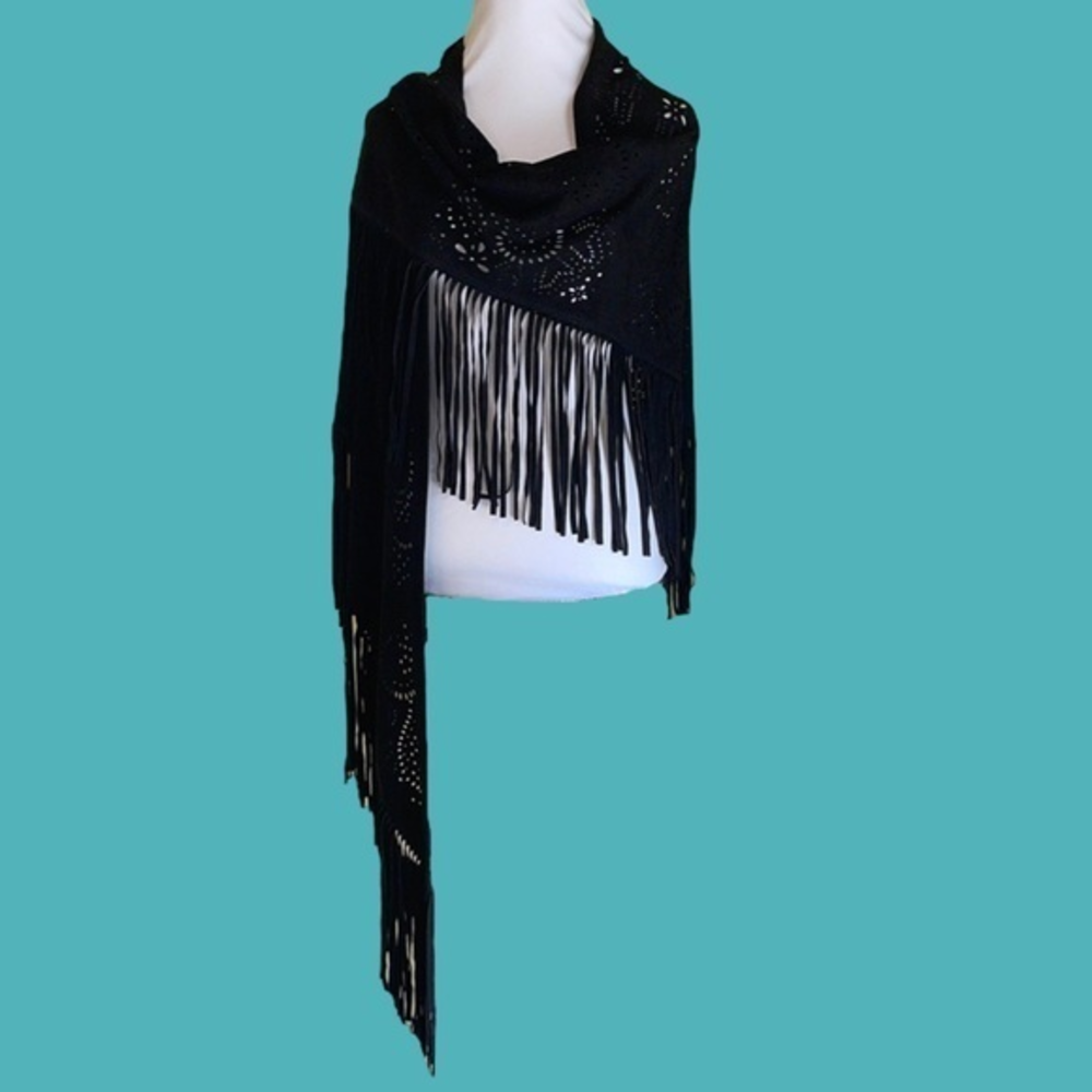 Black Laser Cut Faux Suede Fringe Shawl One Size Fits All